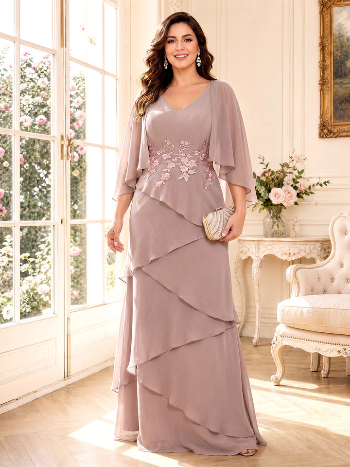A-Line/Princess V-Neck 3/4 Sleeves Floor-Length Mother of the Bride Dresses with Ruffles &amp; Applique