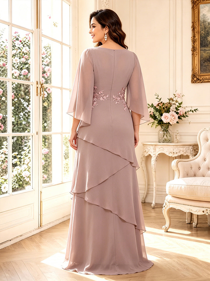 A-Line/Princess V-Neck 3/4 Sleeves Floor-Length Mother of the Bride Dresses with Ruffles &amp; Applique