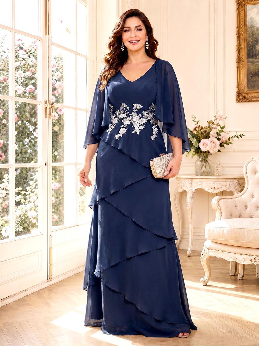 A-Line/Princess V-Neck 3/4 Sleeves Floor-Length Mother of the Bride Dresses with Ruffles &amp; Applique