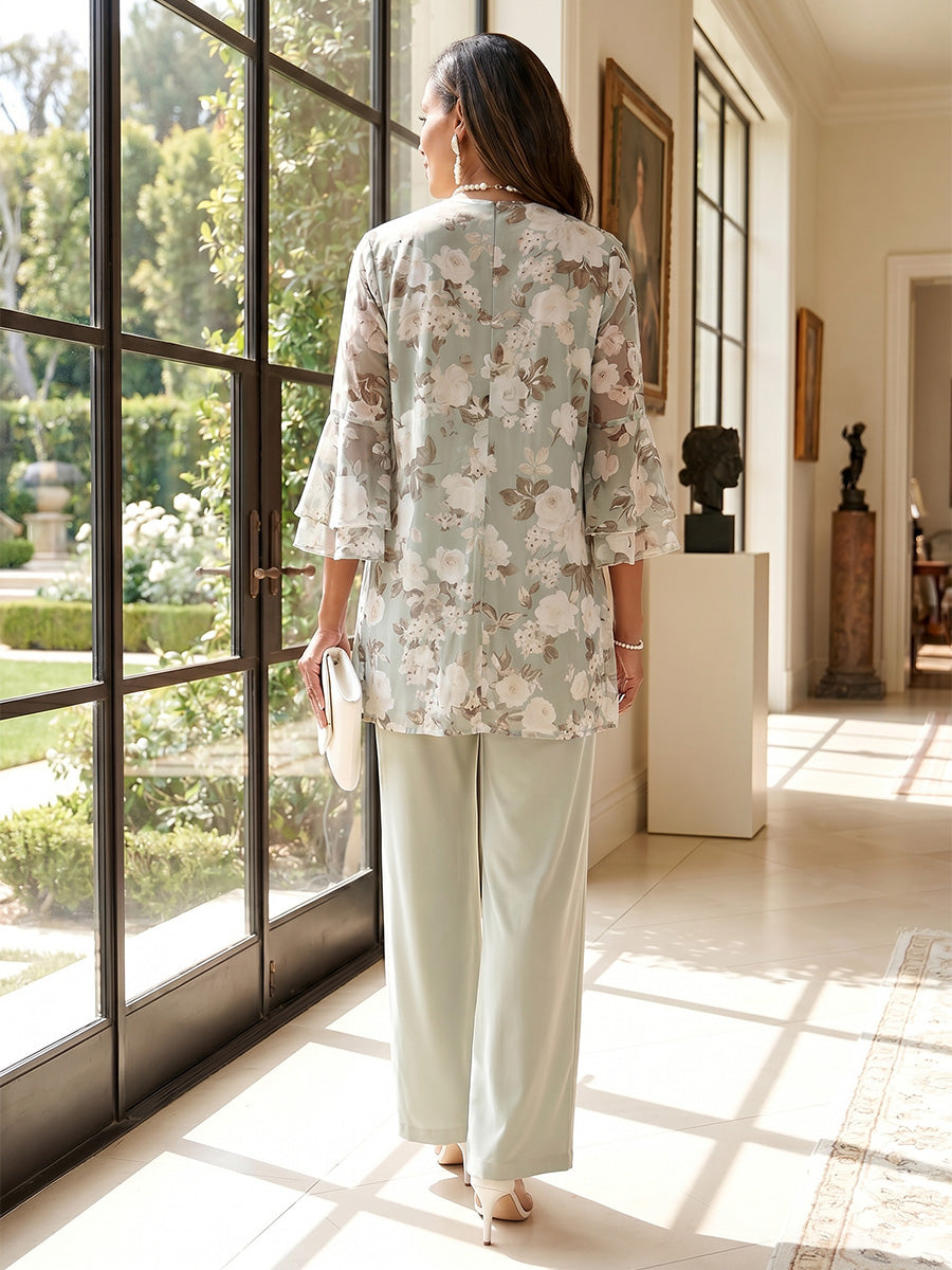 Jumpsuits Scoop 3/4 Sleeves Floor-Length 3 Pieces Mother of the Bride Dresses with Jacket &amp; Floral