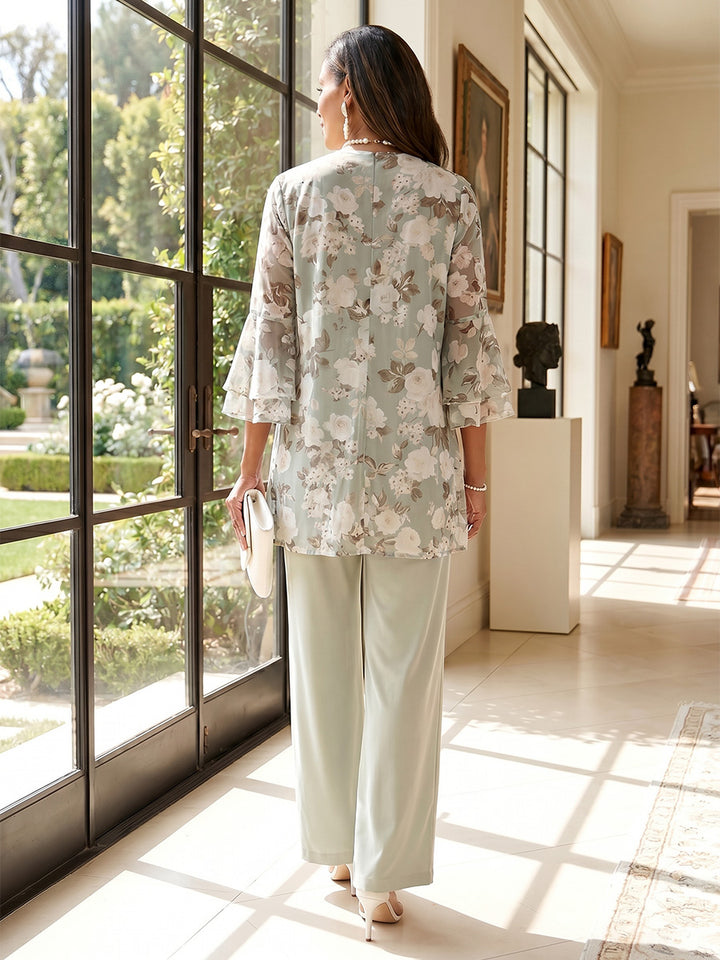 Jumpsuits Scoop 3/4 Sleeves Floor-Length 3 Pieces Mother of the Bride Dresses with Jacket &amp; Floral