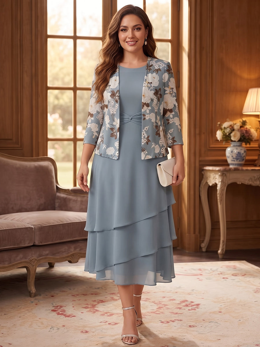A-Line/Princess Scoop 3/4 Sleeves Chiffon Tea-Length Plus Size Mother of the Bride Dresses with Jacket &amp; Ruffles