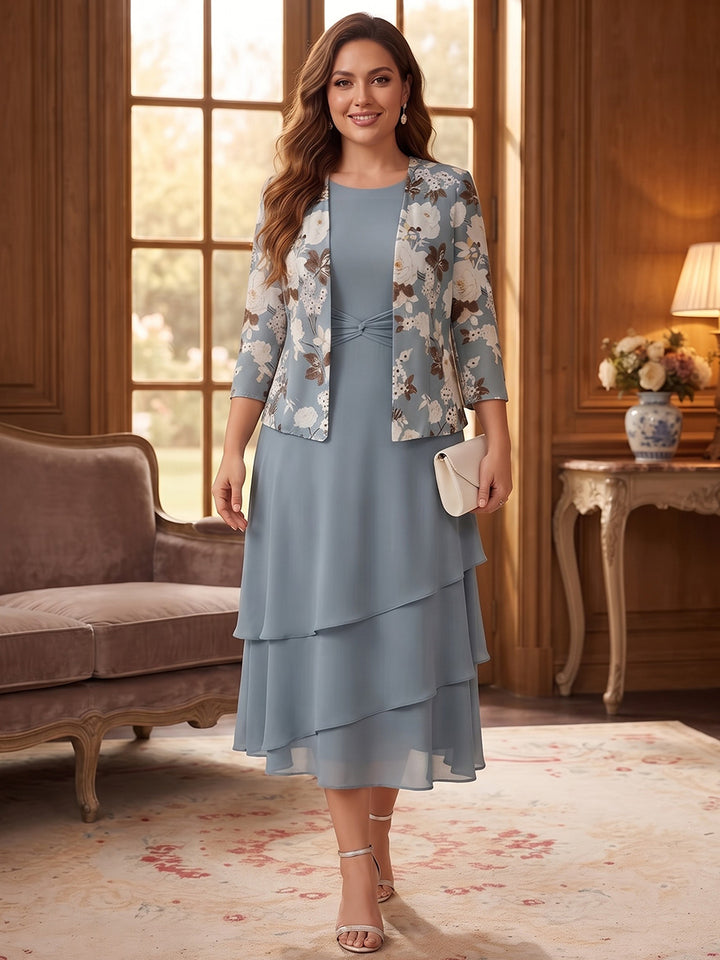 A-Line/Princess Scoop 3/4 Sleeves Chiffon Tea-Length Plus Size Mother of the Bride Dresses with Jacket &amp; Ruffles