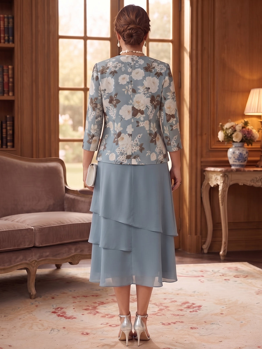 A-Line/Princess Scoop 3/4 Sleeves Chiffon Tea-Length Plus Size Mother of the Bride Dresses with Jacket &amp; Ruffles