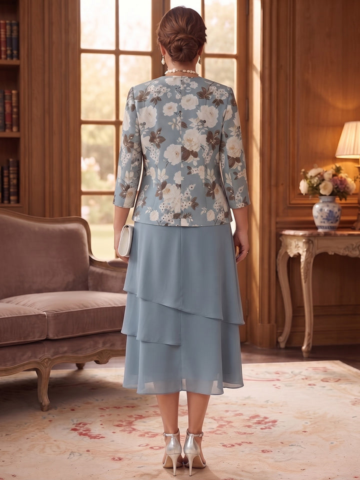 A-Line/Princess Scoop 3/4 Sleeves Chiffon Tea-Length Plus Size Mother of the Bride Dresses with Jacket &amp; Ruffles