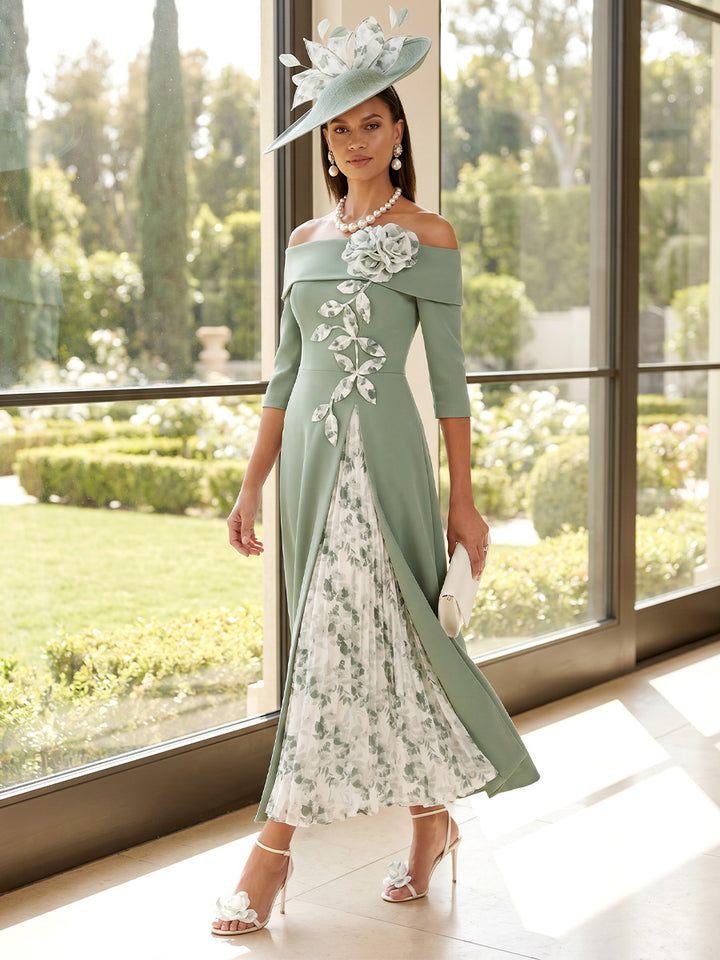 A-Line/Princess Off-the-Shoulder 3/4 Sleeves Ankle-Length Mother of the Bride Dresses with 3D Floral &amp; Pleats