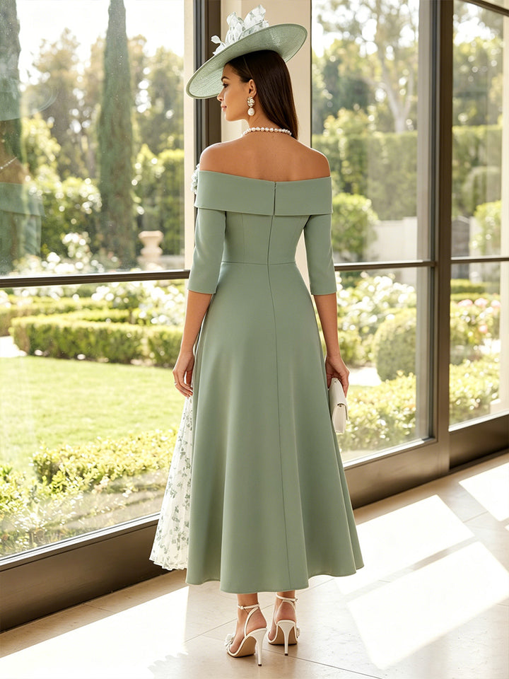 A-Line/Princess Off-the-Shoulder 3/4 Sleeves Ankle-Length Mother of the Bride Dresses with 3D Floral &amp; Pleats