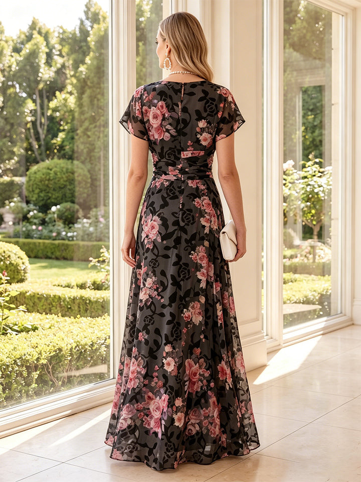 A-Line/Princess Scoop Short Sleeves Floor-Length Mother of the Bride Dresses with Ruched