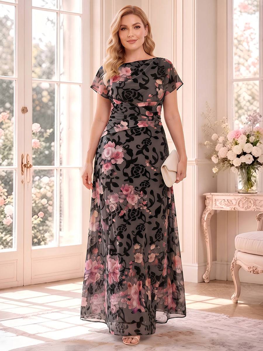 A-Line/Princess Scoop Half Sleeves Chiffon Floor-Length Plus Size Mother of the Bride Dresses with Ruched