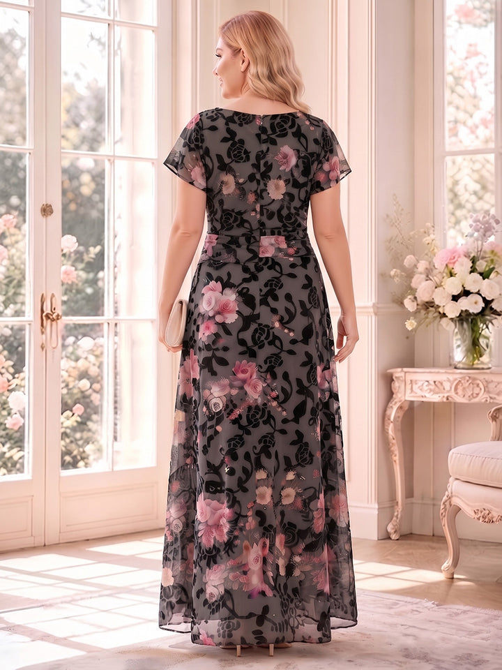 A-Line/Princess Scoop Half Sleeves Chiffon Floor-Length Plus Size Mother of the Bride Dresses with Ruched