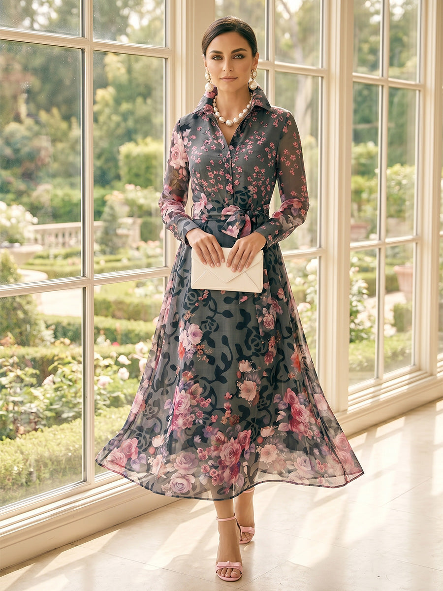 A-Line/Princess Long Sleeves Shirt Collar Tea-Length Mother of the Bride Dresses with Bowknot &amp; Floral