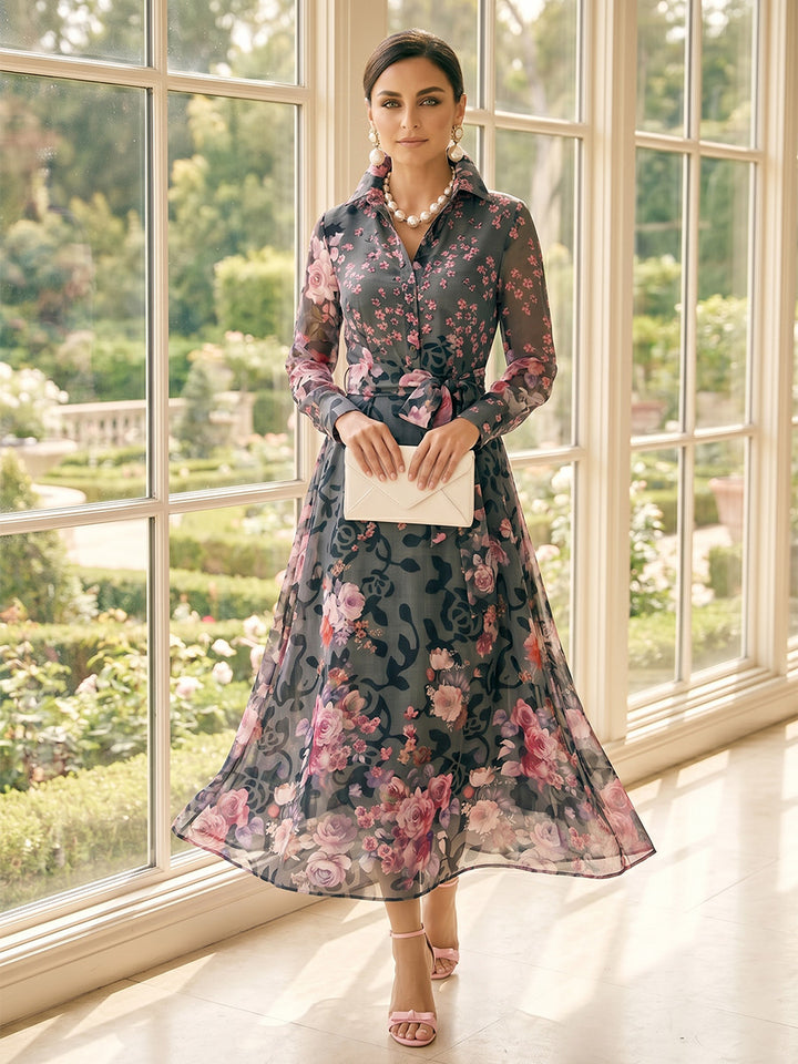 A-Line/Princess Long Sleeves Shirt Collar Tea-Length Mother of the Bride Dresses with Bowknot &amp; Floral