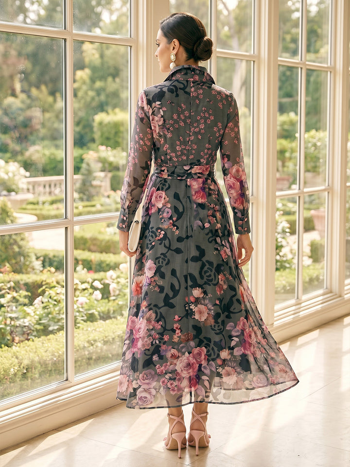 A-Line/Princess Long Sleeves Shirt Collar Tea-Length Mother of the Bride Dresses with Bowknot &amp; Floral