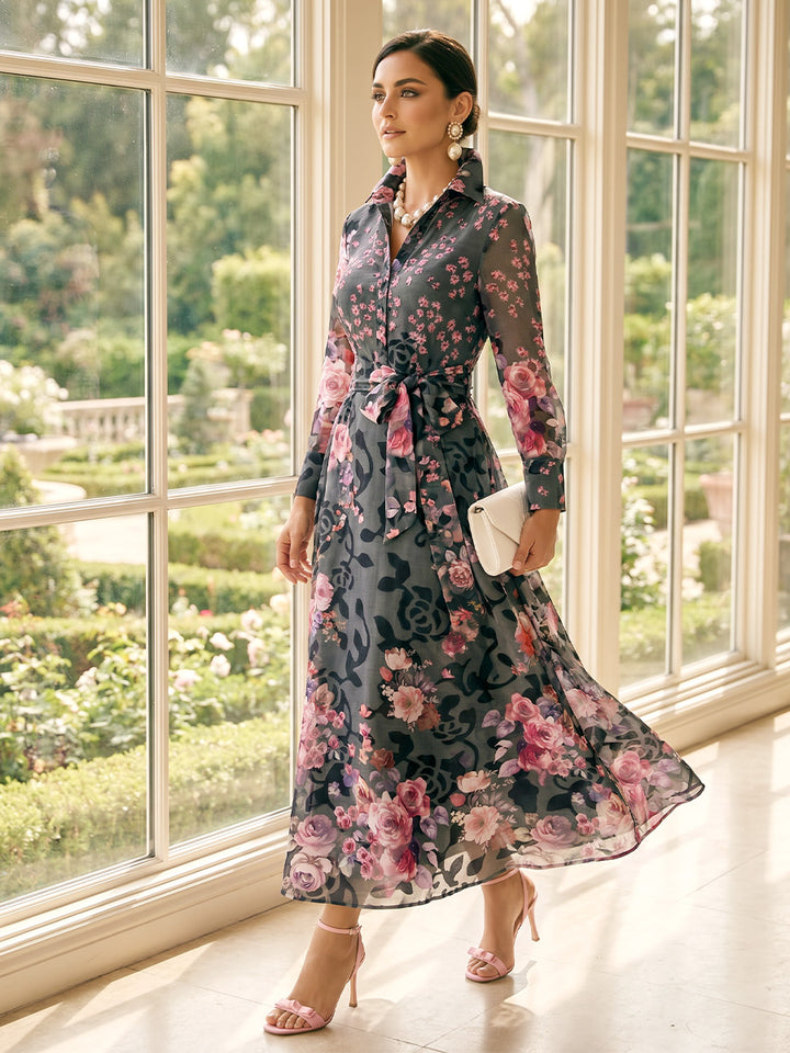 A-Line/Princess Long Sleeves Shirt Collar Tea-Length Mother of the Bride Dresses with Bowknot &amp; Floral
