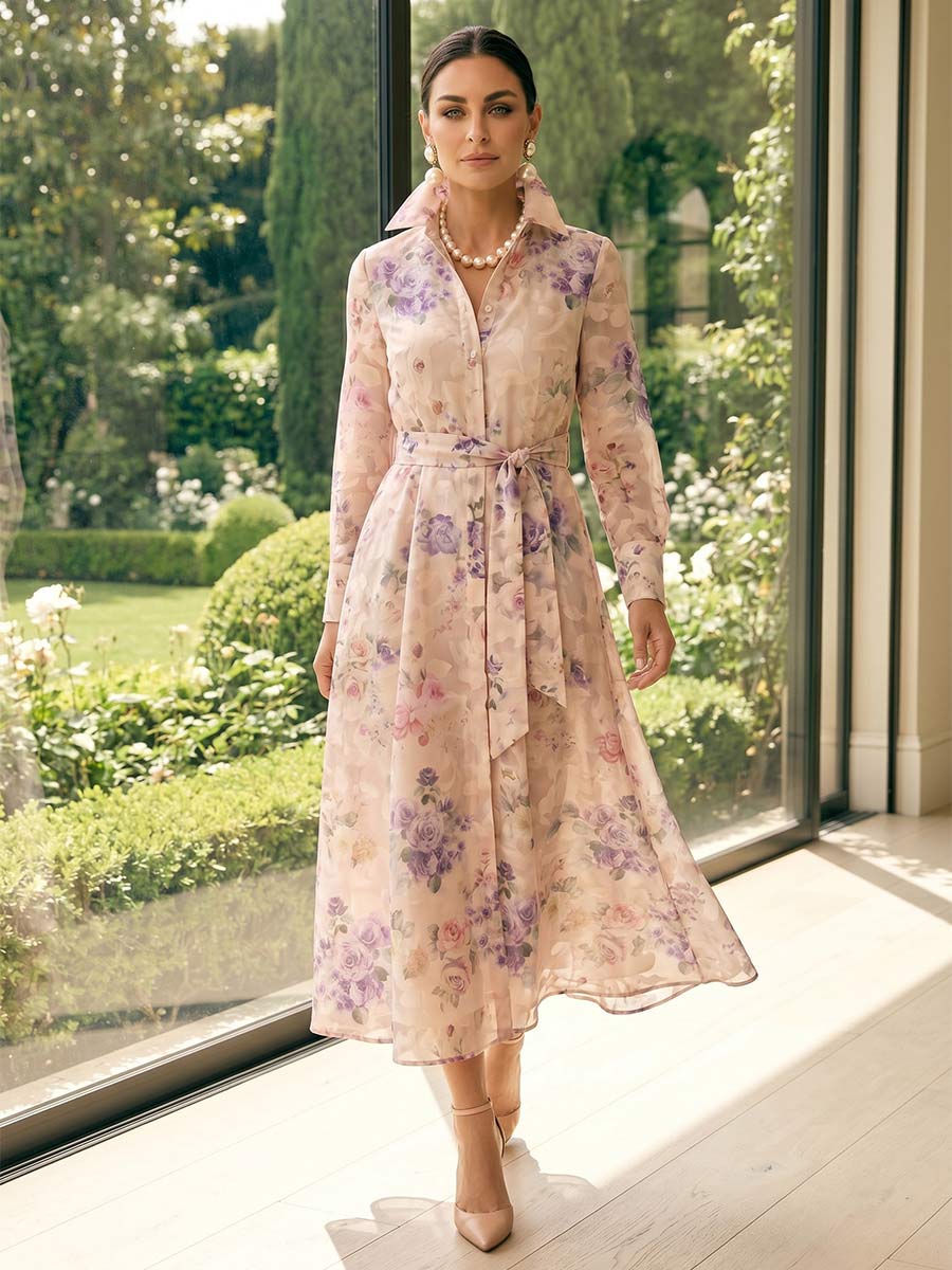 A-Line/Princess Shirt Collar Long Sleeves Tea-Length Mother of the Bride Dresses with Bowknot &amp; Floral