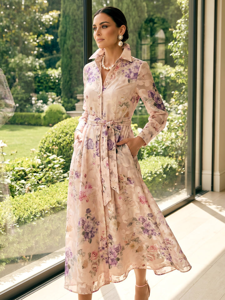 A-Line/Princess Shirt Collar Long Sleeves Tea-Length Mother of the Bride Dresses with Bowknot &amp; Floral