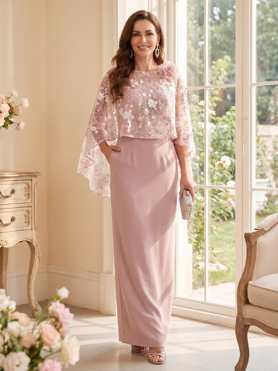 Sheath/Column Scoop 3/4 Sleeves Floor-Length Mother of the Bride Dresses with 3D Floral &amp; Cape