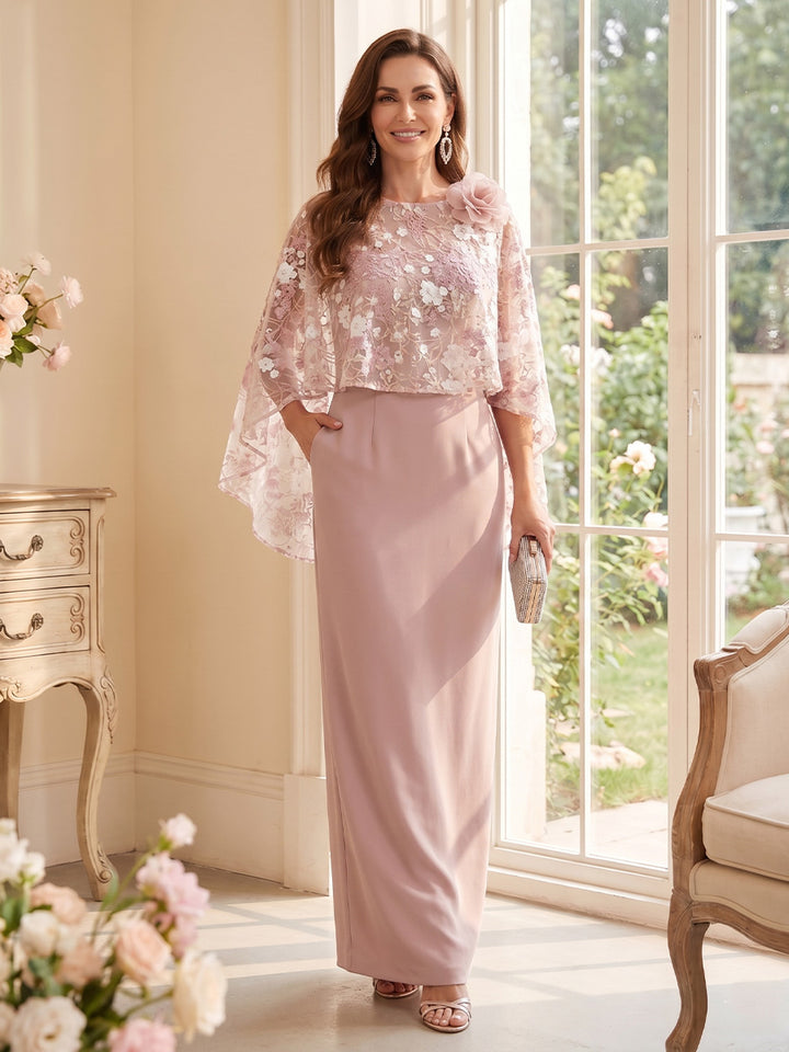 Sheath/Column Scoop 3/4 Sleeves Floor-Length Mother of the Bride Dresses with 3D Floral &amp; Cape