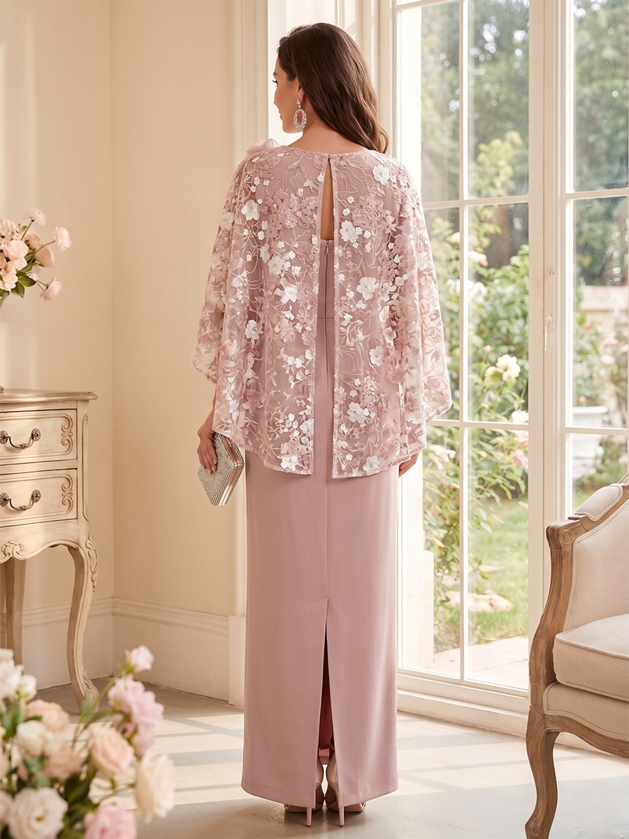 Sheath/Column Scoop 3/4 Sleeves Floor-Length Mother of the Bride Dresses with 3D Floral &amp; Cape