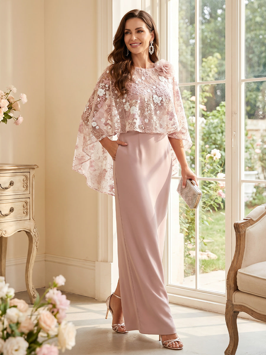 Sheath/Column Scoop 3/4 Sleeves Floor-Length Mother of the Bride Dresses with 3D Floral &amp; Cape