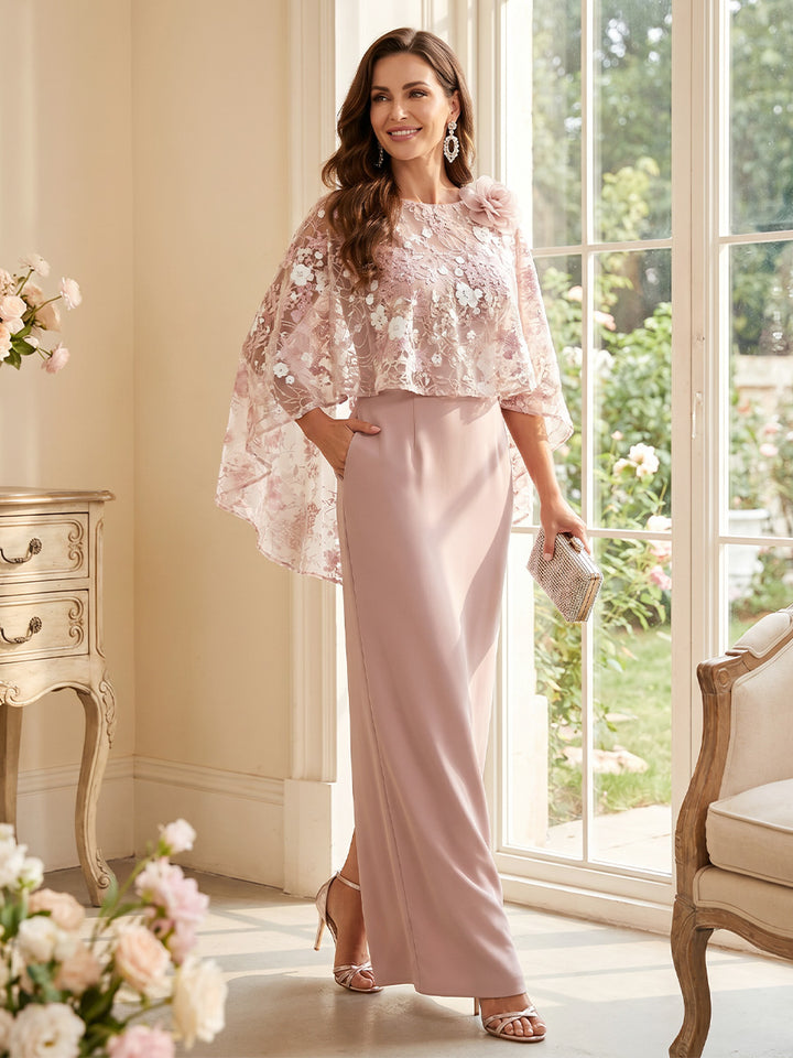 Sheath/Column Scoop 3/4 Sleeves Floor-Length Mother of the Bride Dresses with 3D Floral &amp; Cape