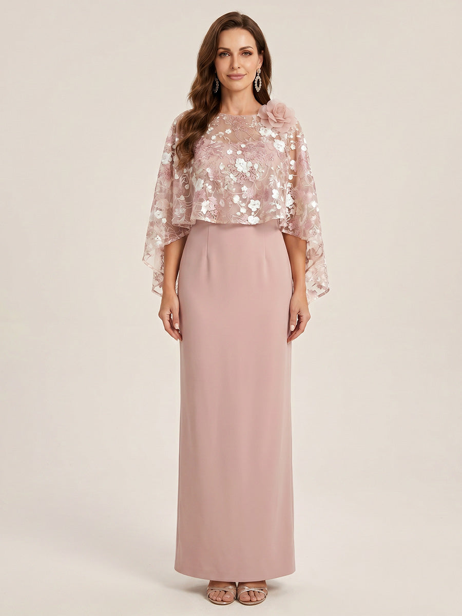Sheath/Column Scoop 3/4 Sleeves Floor-Length Mother of the Bride Dresses with 3D Floral &amp; Cape