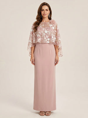 Sheath/Column Scoop 3/4 Sleeves Floor-Length Mother of the Bride Dresses with 3D Floral & Cape
