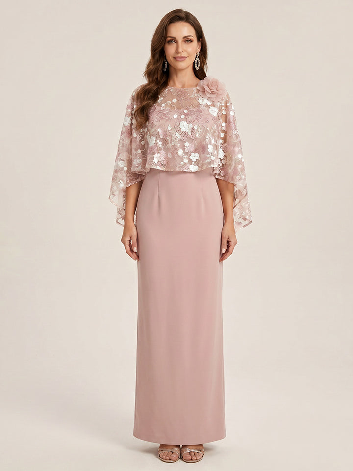 Sheath/Column Scoop 3/4 Sleeves Floor-Length Mother of the Bride Dresses with 3D Floral &amp; Cape