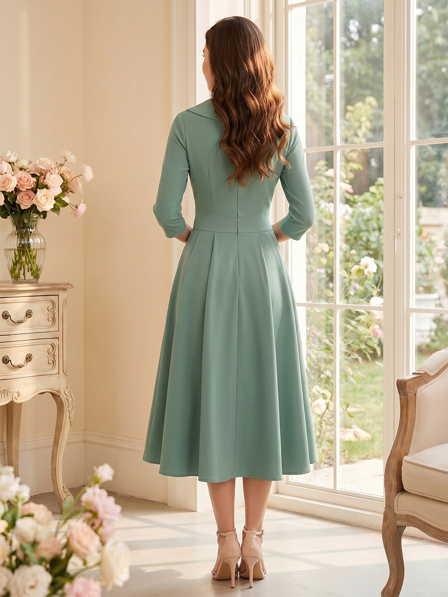 A-Line/Princess V-Neck 3/4 Sleeves Tea-Length Mother of the Bride Dresses with Pleats