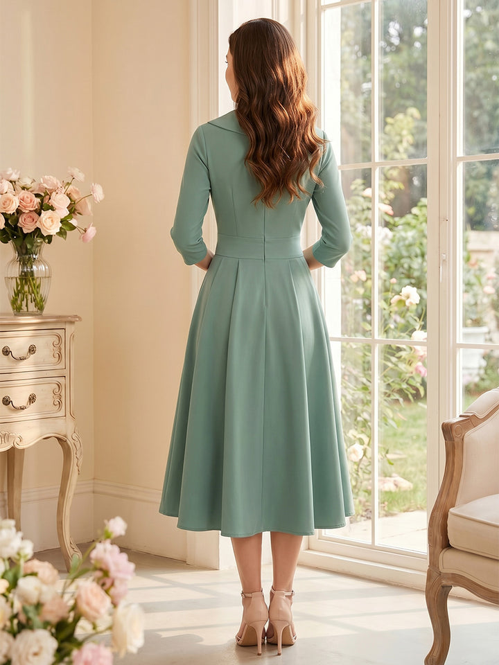 A-Line/Princess V-Neck 3/4 Sleeves Tea-Length Mother of the Bride Dresses with Pleats