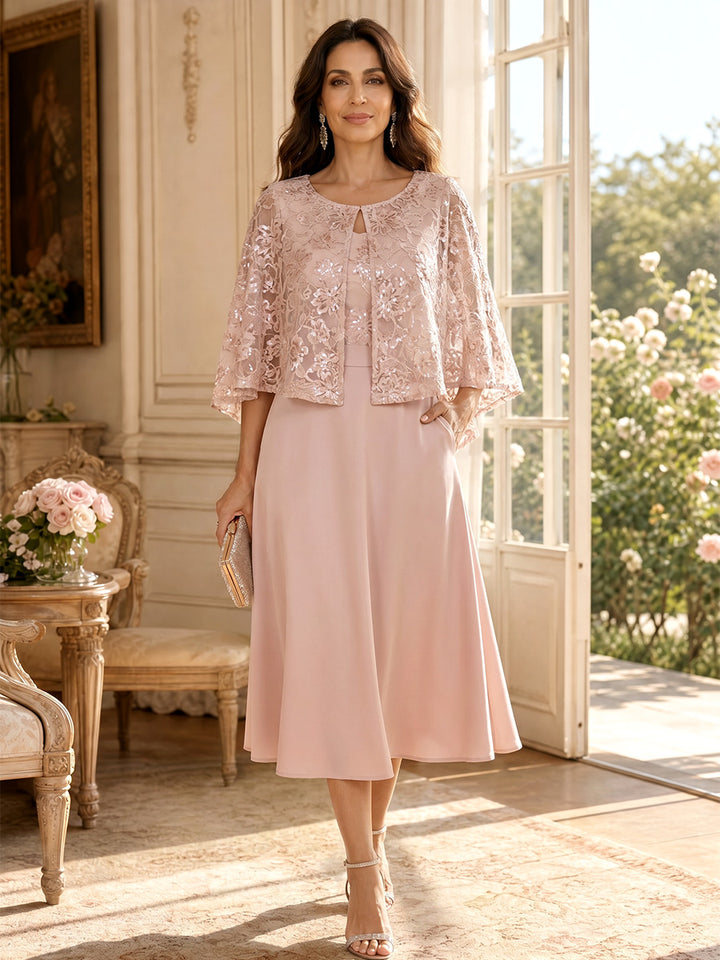 A-Line/Princess Scoop 3/4 Sleeves Tea-Length Mother of the Bride Dresses with Applique