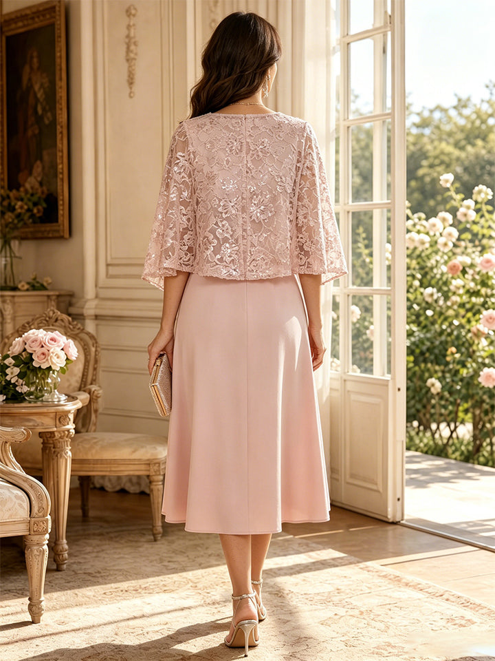A-Line/Princess Scoop 3/4 Sleeves Tea-Length Mother of the Bride Dresses with Applique