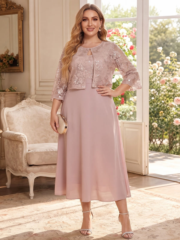 A-Line/Princess Scoop 3/4 Sleeves Chiffon Tea-Length Plus Size Mother of the Bride Dresses with Applique