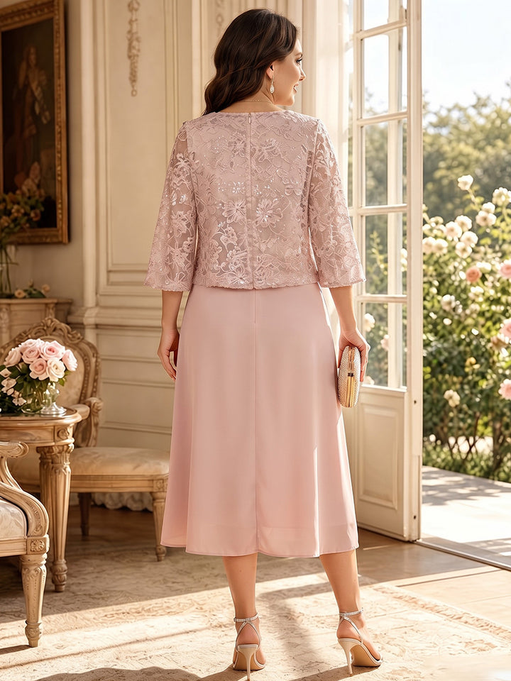 A-Line/Princess Scoop 3/4 Sleeves Chiffon Tea-Length Plus Size Mother of the Bride Dresses with Applique