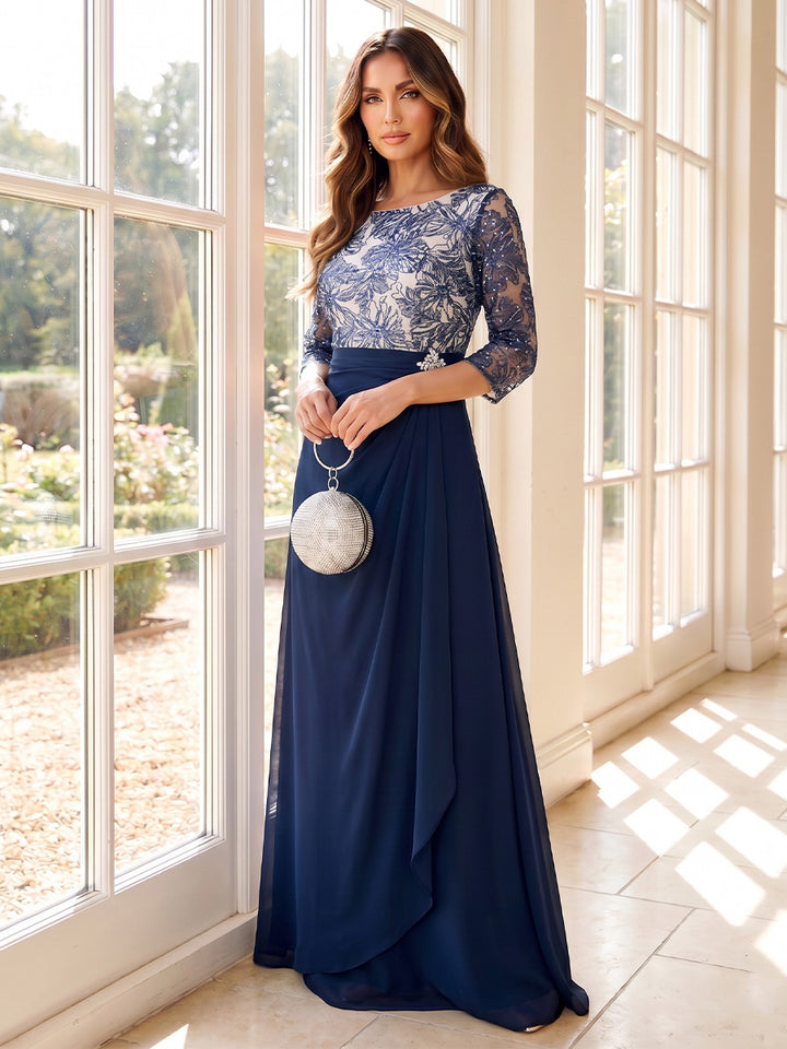 A-Line/Princess Scoop 3/4 Sleeves Floor-Length Mother of the Bride Dresses with Appliques &amp; Rhinestone