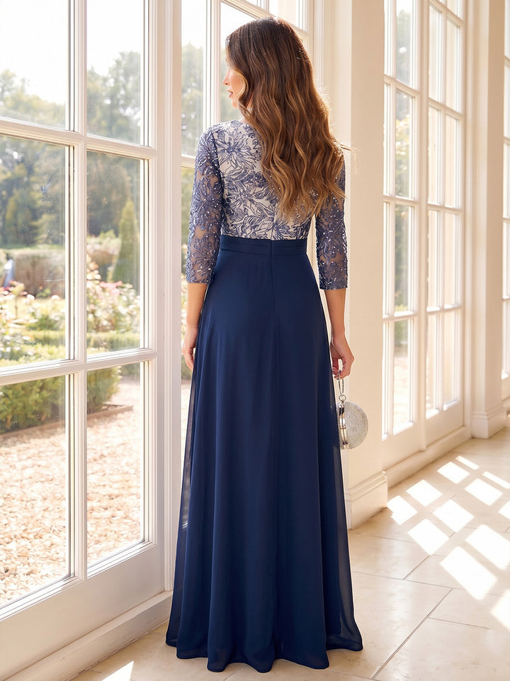 A-Line/Princess Scoop 3/4 Sleeves Floor-Length Mother of the Bride Dresses with Appliques &amp; Rhinestone