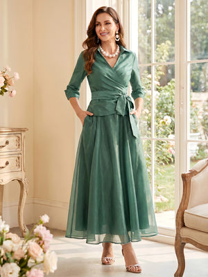 A-Line/Princess V-Neck 3/4 Sleeves Ankle-Length Mother of the Bride Dresses with Bowknot