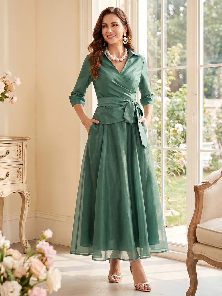 A-Line/Princess V-Neck 3/4 Sleeves Ankle-Length Mother of the Bride Dresses with Bowknot