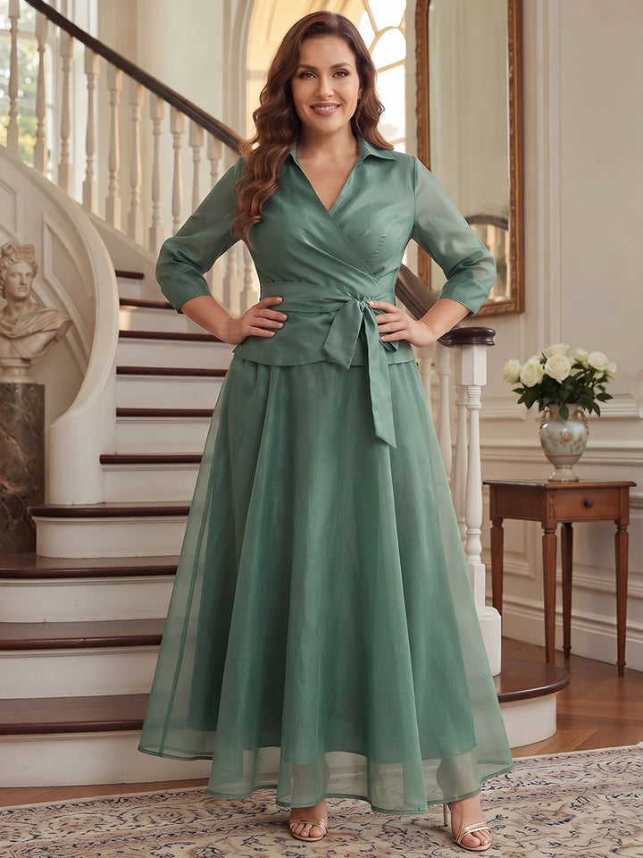 A-Line/Princess V-Neck 3/4 Sleeves Organza Ankle-Length Plus Size Mother of the Bride Dresses with Bowknot