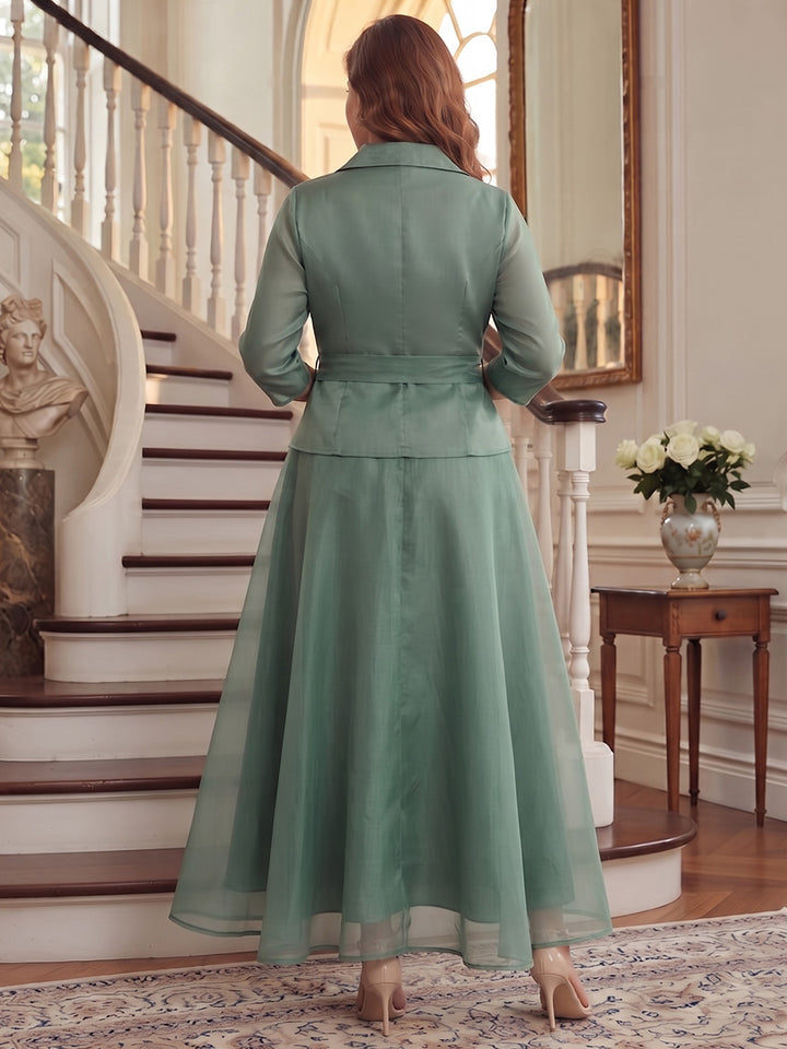 A-Line/Princess V-Neck 3/4 Sleeves Organza Ankle-Length Plus Size Mother of the Bride Dresses with Bowknot