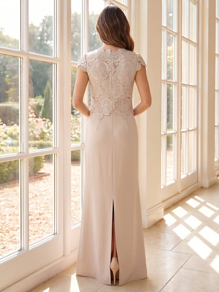 Sheath/Column Scoop Cap Sleeves Floor-Length Mother of the Bride Dresses with Ruched