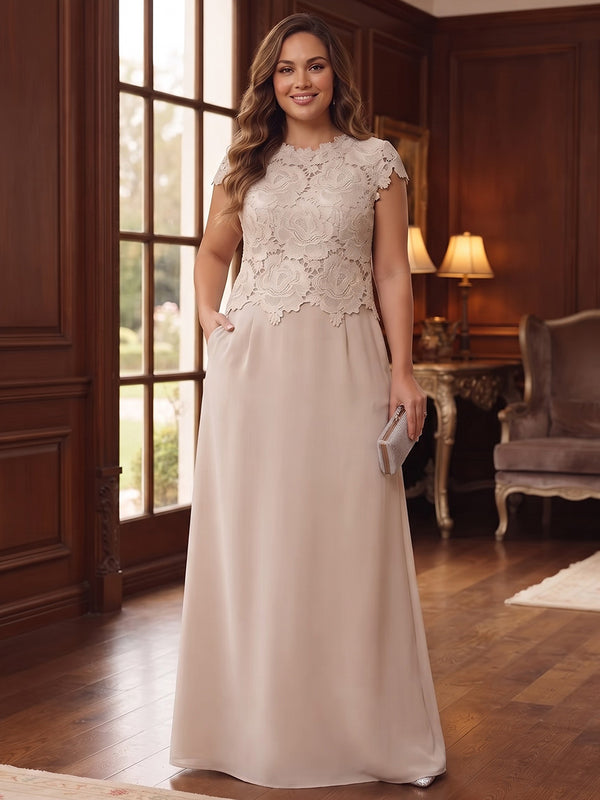 Sheath/Column Scoop Cap Sleeves Lace Floor-Length Plus Size Mother of the Bride Dresses with Ruched