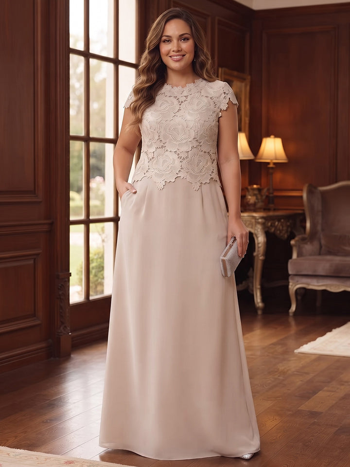 Sheath/Column Scoop Cap Sleeves Lace Floor-Length Plus Size Mother of the Bride Dresses with Ruched