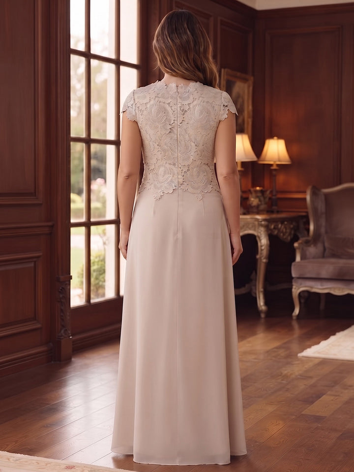 Sheath/Column Scoop Cap Sleeves Lace Floor-Length Plus Size Mother of the Bride Dresses with Ruched