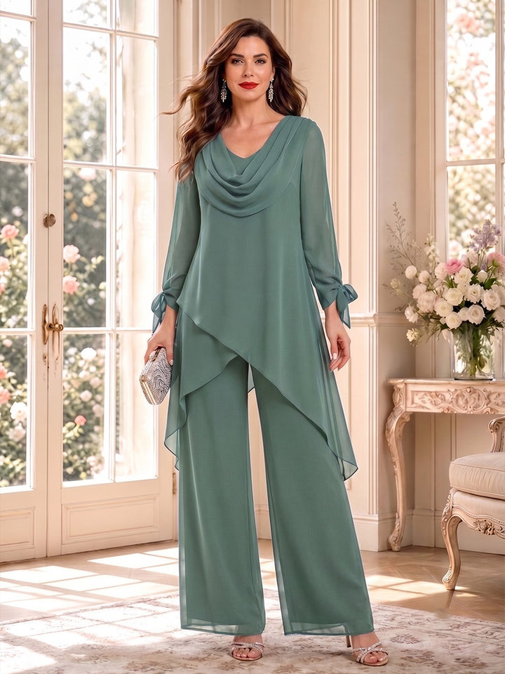 Jumpsuits Long Sleeves Cowl Neck Floor Length Mother of the Bride Dresses with Bowknot