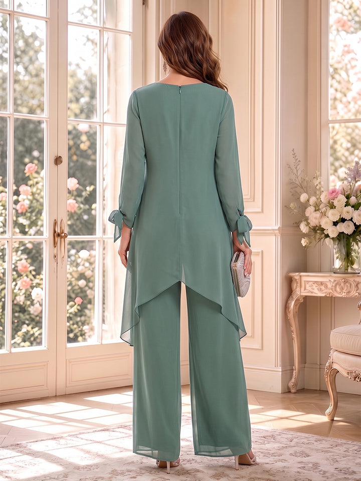 Jumpsuits Long Sleeves Cowl Neck Floor Length Mother of the Bride Dresses with Bowknot