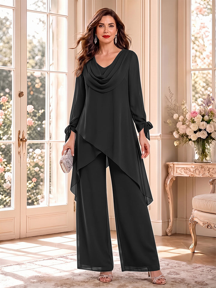 Jumpsuits Long Sleeves Cowl Neck Floor Length Mother of the Bride Dresses with Bowknot