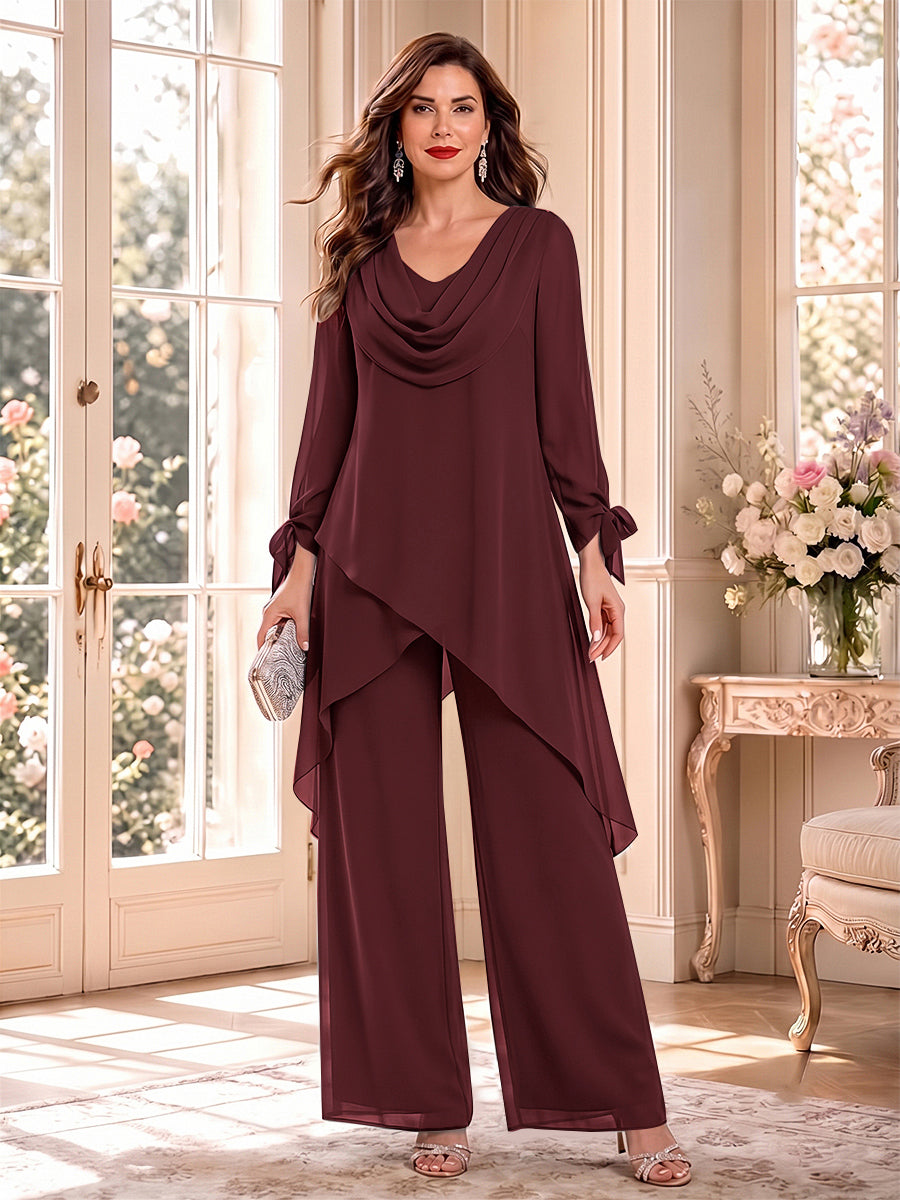 Jumpsuits Long Sleeves Cowl Neck Floor Length Mother of the Bride Dresses with Bowknot