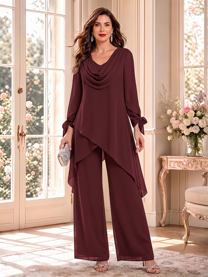 Jumpsuits Long Sleeves Cowl Neck Floor Length Mother of the Bride Dresses with Bowknot