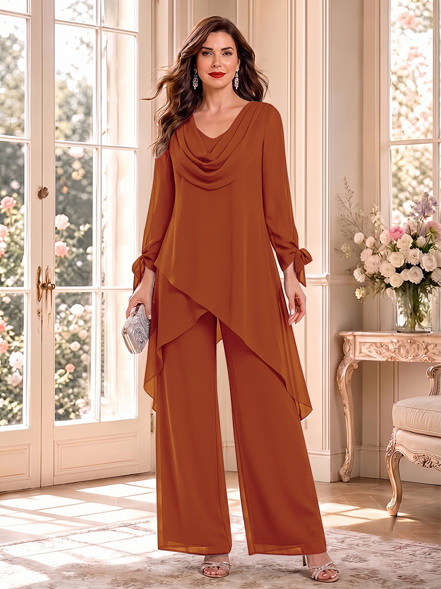 Jumpsuits Long Sleeves Cowl Neck Floor Length Mother of the Bride Dresses with Bowknot